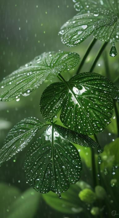 Hyperrealistic Raindrops in Green Forest, Bokeh Effect