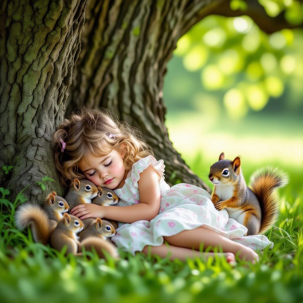 Girl Sleeping with Squirrels: Photorealistic Summer Scene