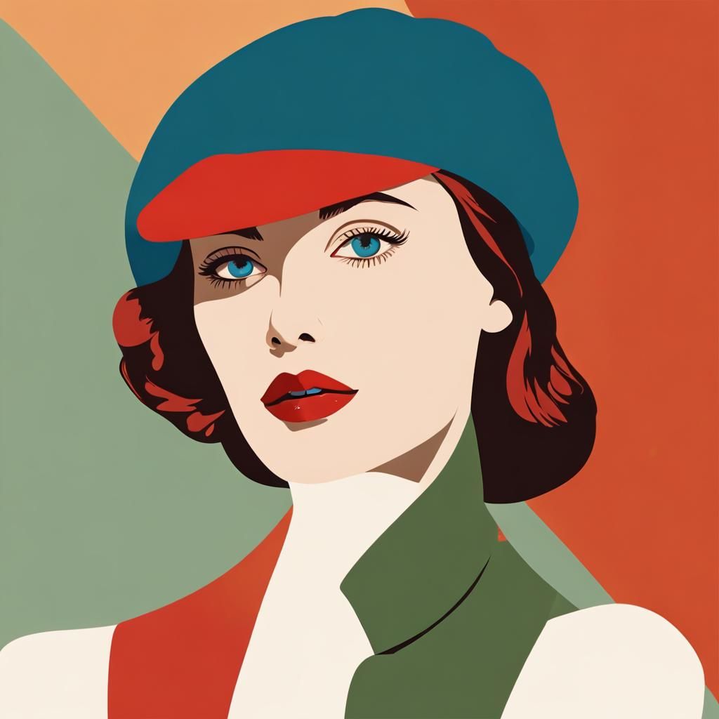 A stunning minimalist illustration showcases a woman with striking blue eyes wearing a chic red beret silhouette. The ar...