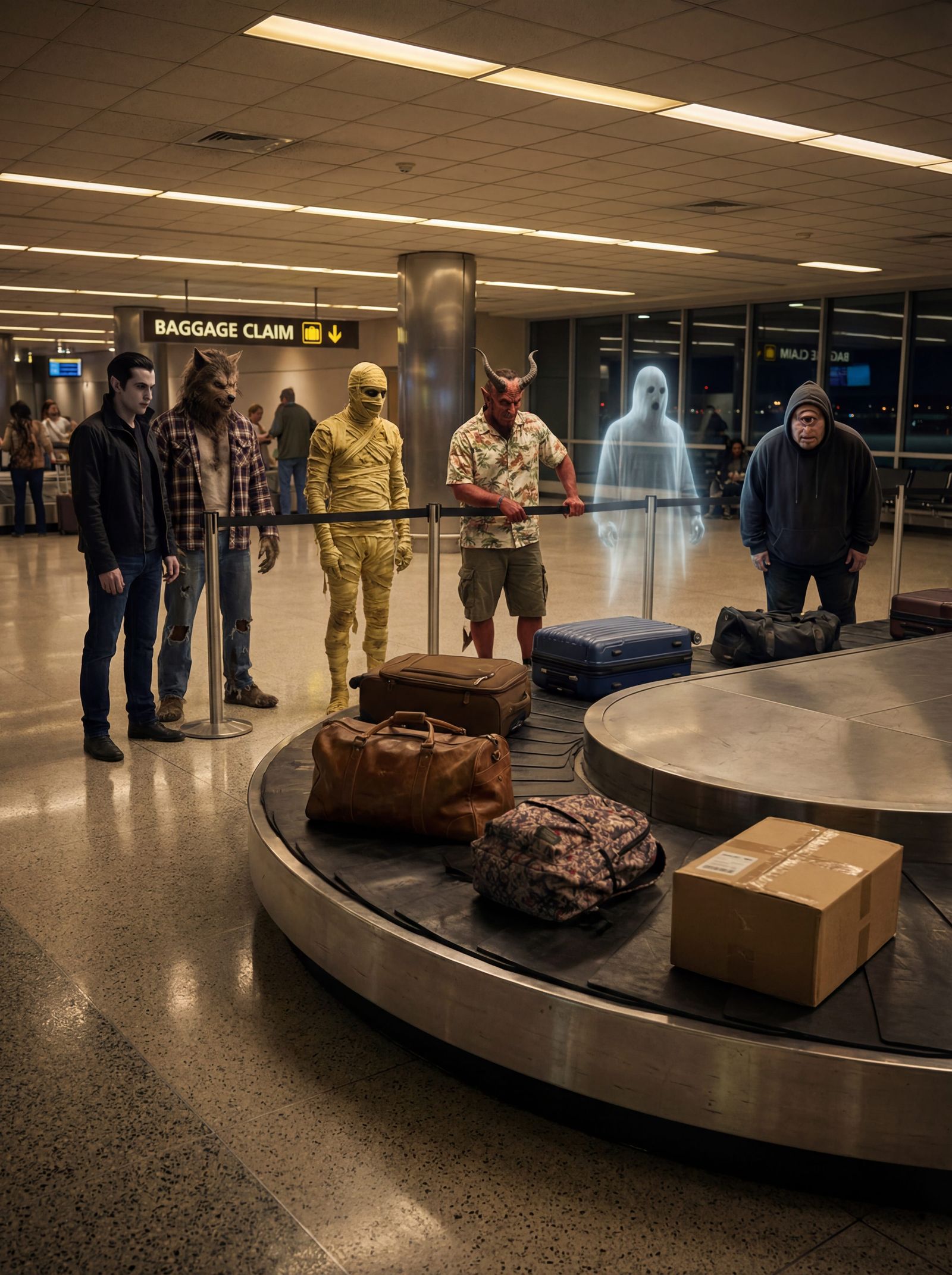 Monsters Collect Luggage at Airport Terminal
