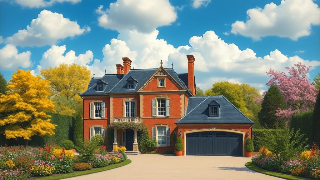 Grand Brick Chateau with Vibrant Garden in Painterly Style