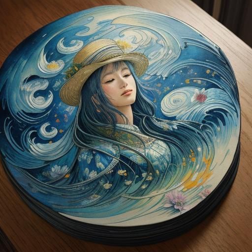 Woman in Dreamy Art Nouveau Watercolor Woodcut