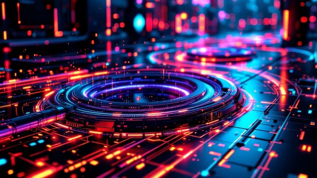 Glowing Data Network in Neon-Lit Futuristic Environment