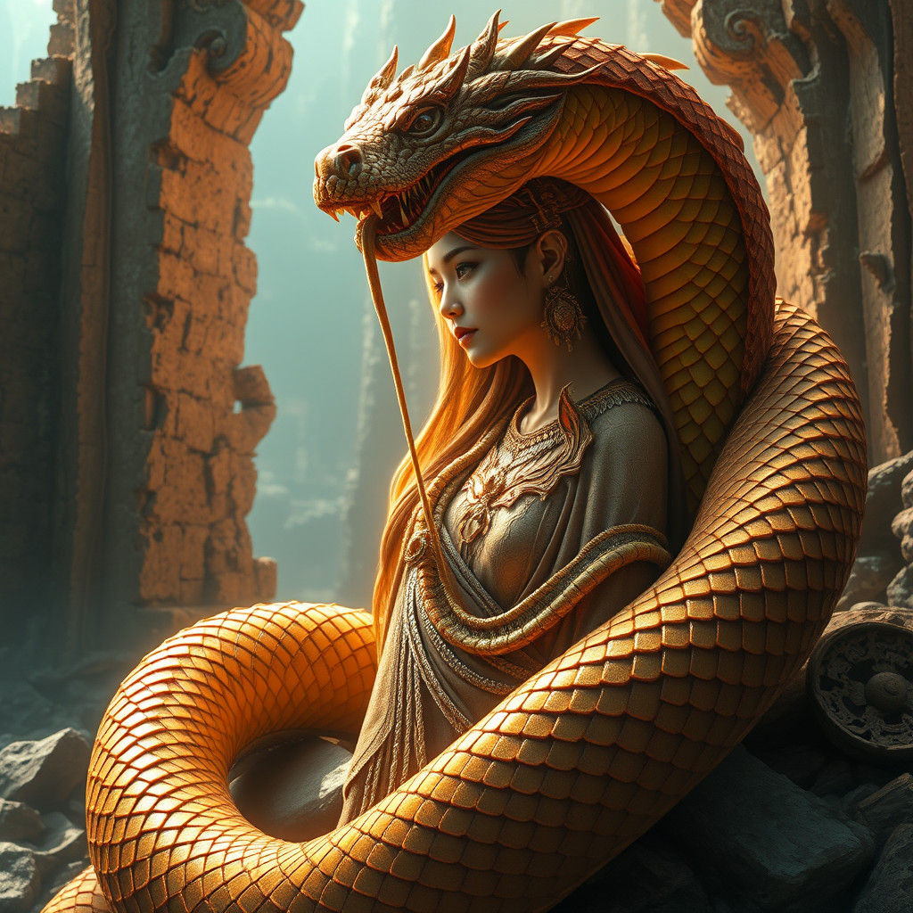 Goddess and Serpent in Ancient Ruins, Cinematic Style