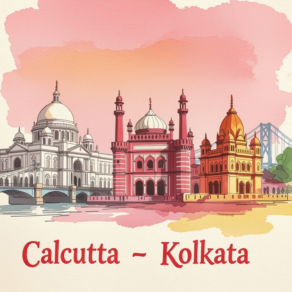 Kolkata Landmarks in Watercolor, Minimalist Style