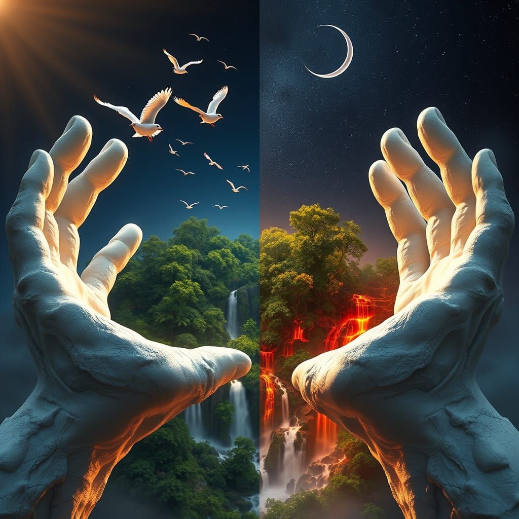 Whimsical Rock Hands Cradle a Rainforest, Birds Soar Above