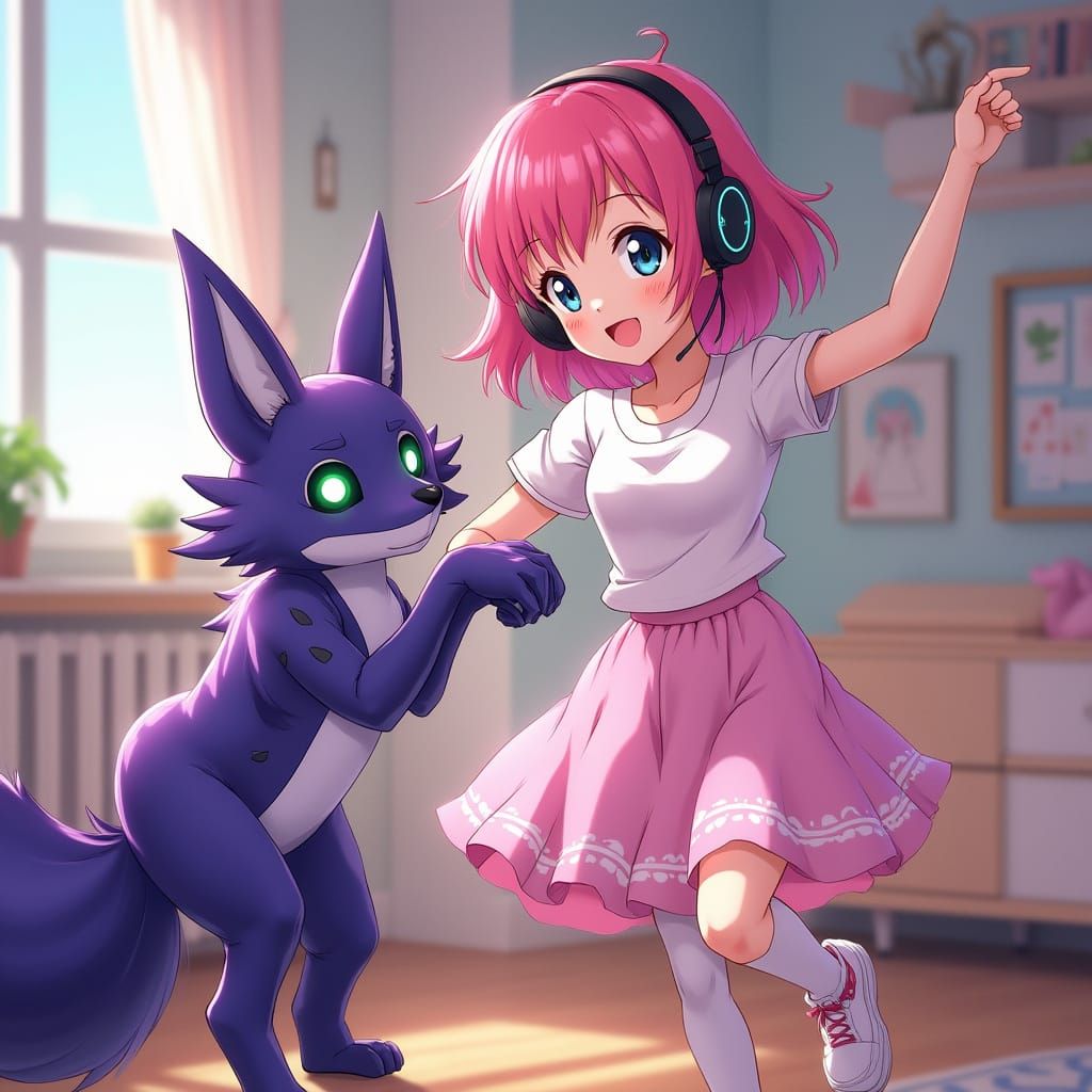 Anime Girl Dancing with Robotic Fox in Pastel Room