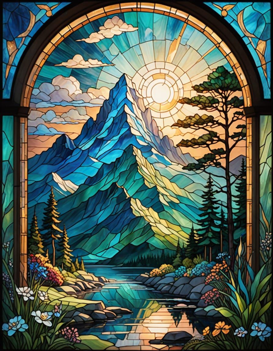 Majestic Mountain in Vibrant Stained Glass