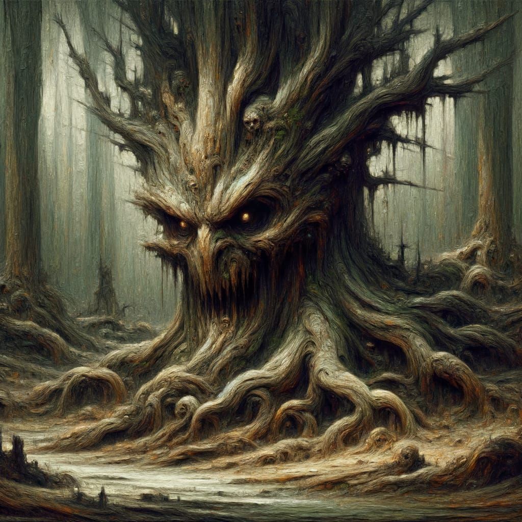 Menacing Tree Creature in Eerie Forest as Oil Painting