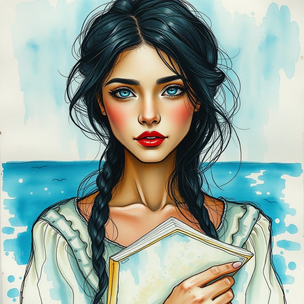 Enigmatic Watercolor Portrait of Turquoise-Eyed Muse