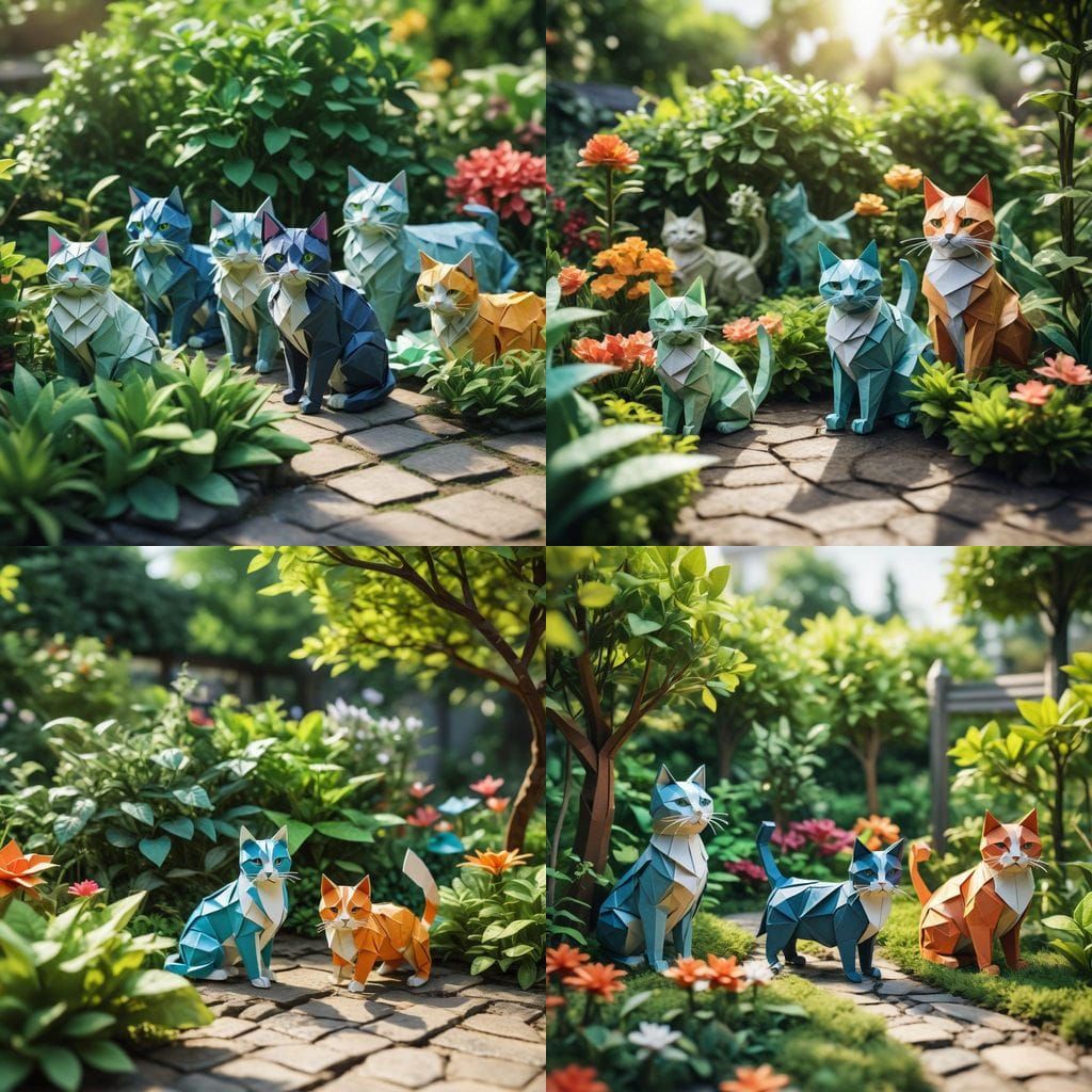 Whimsical Cats in Origami Papercraft by a Vibrant Garden