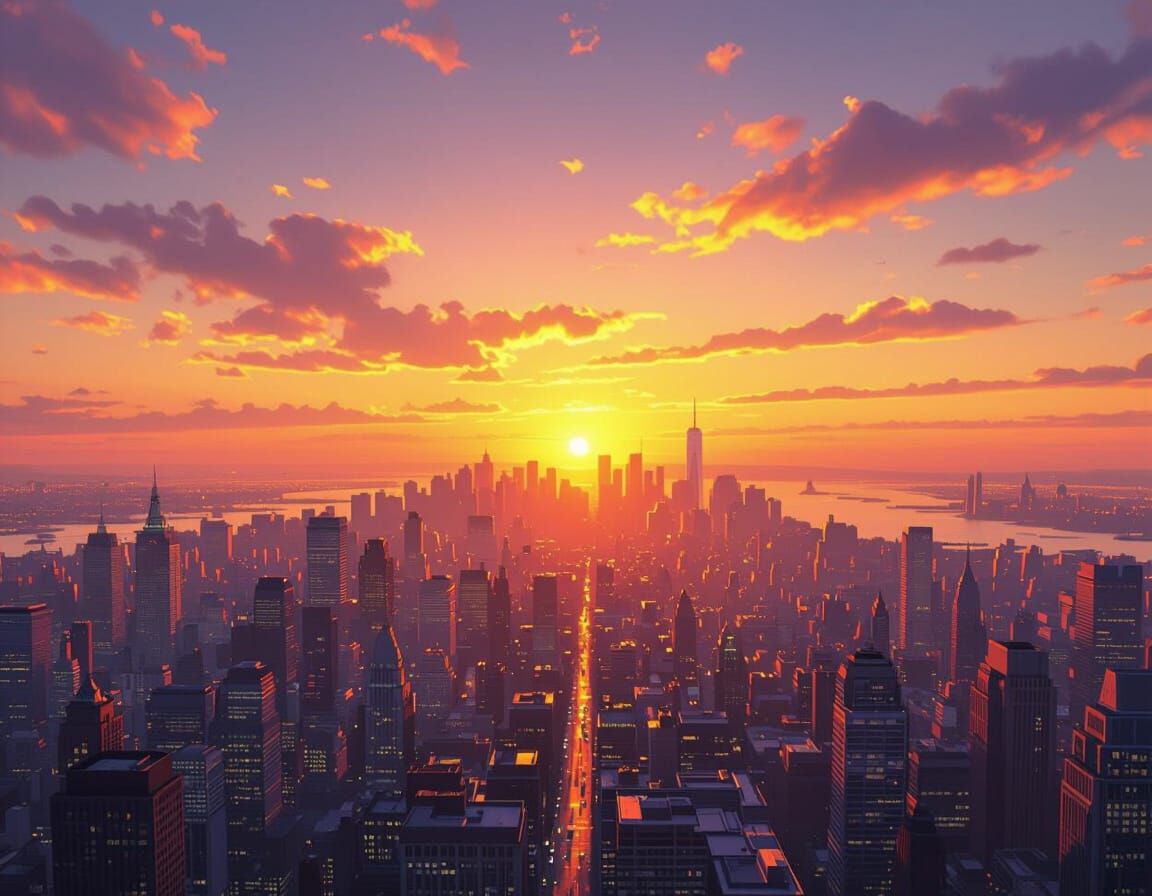 Hyperrealistic Cityscape at Sunset with Golden Light