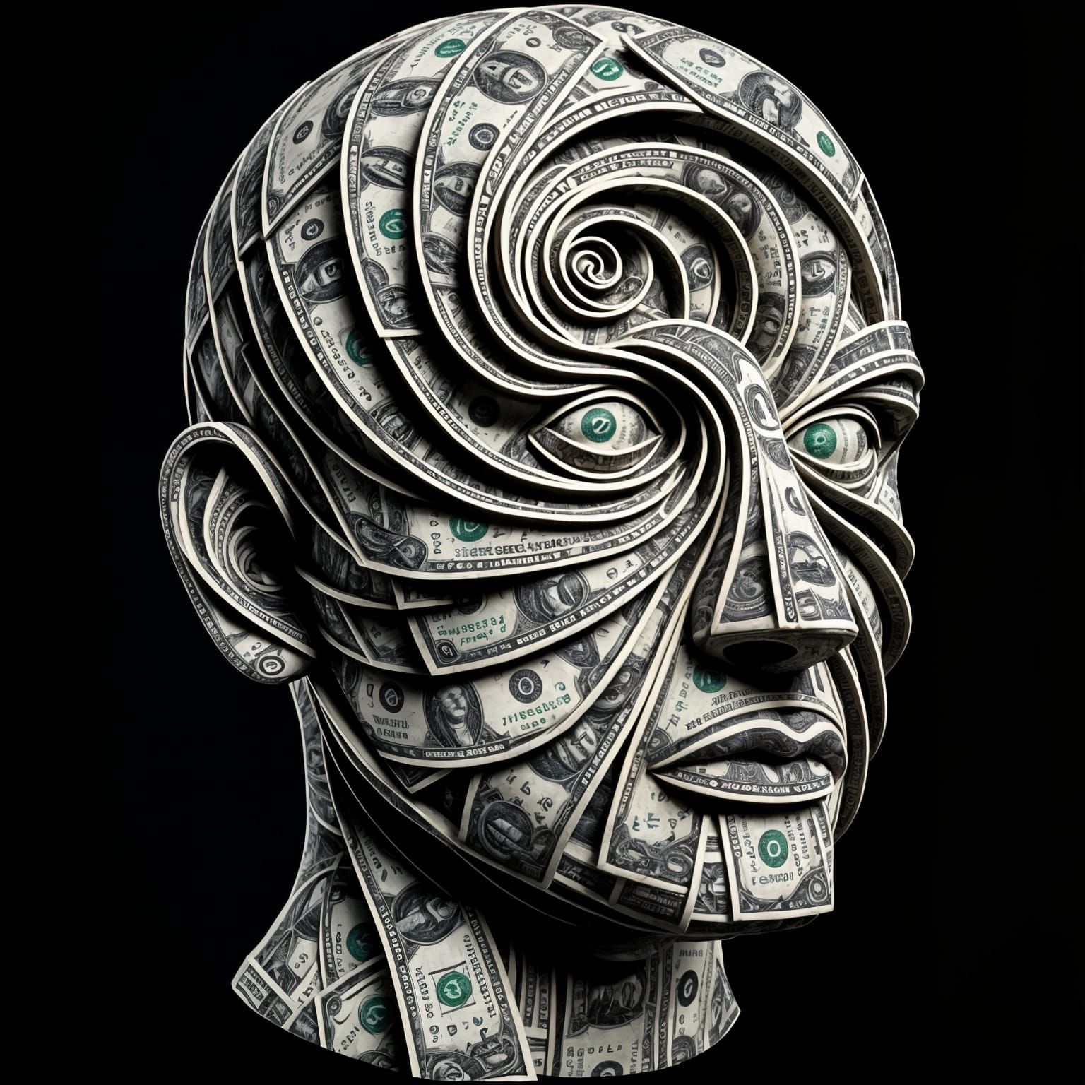 Surreal Dollar Bill Bust with Spiraling Currency Symbols
