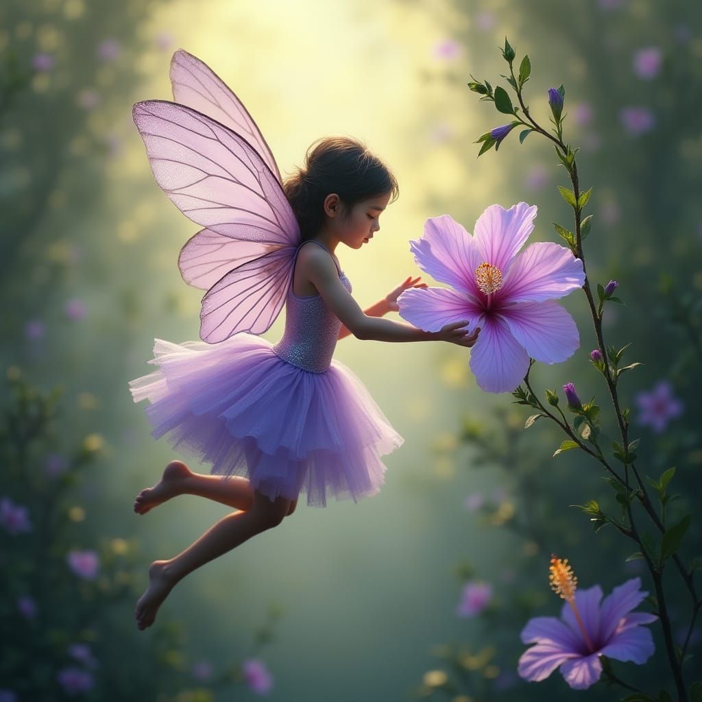 Whimsical Fairy in Lavender Hues Amidst Misty Jungle Blooms