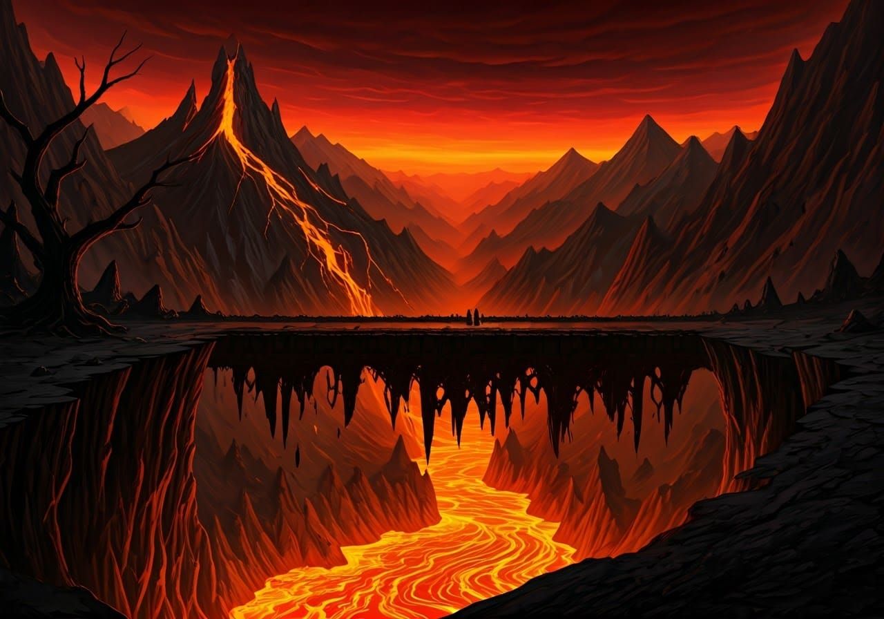 Colossal Bridge of Blackened Stone Spans Fiery Chasm