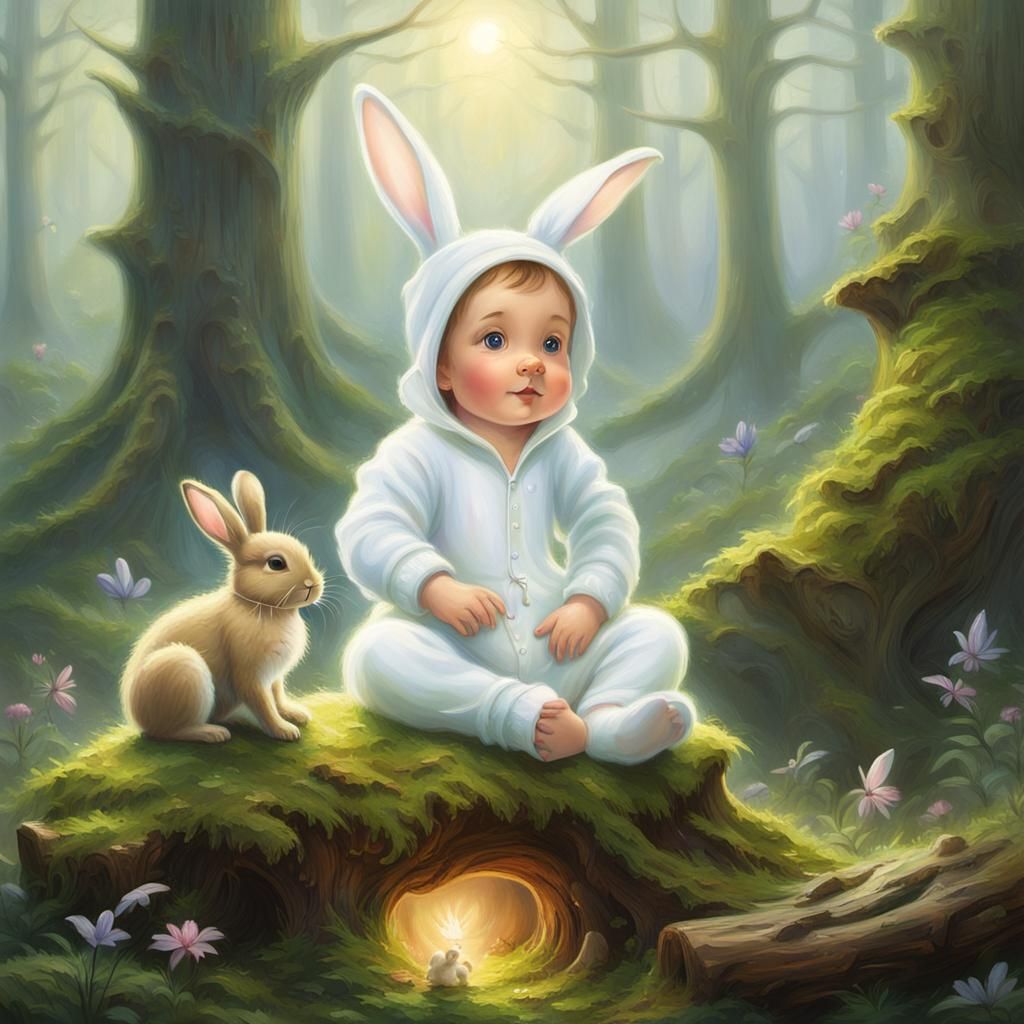 Baby and Rabbit in Ethereal Forest Scene