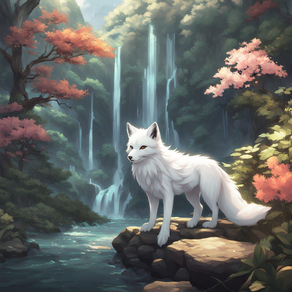 Majestic Snow-White Fox in Tropical Paradise, in Anime Style
