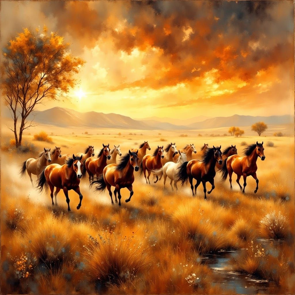 Wild Mustangs Galloping on Western Plains at Sunset