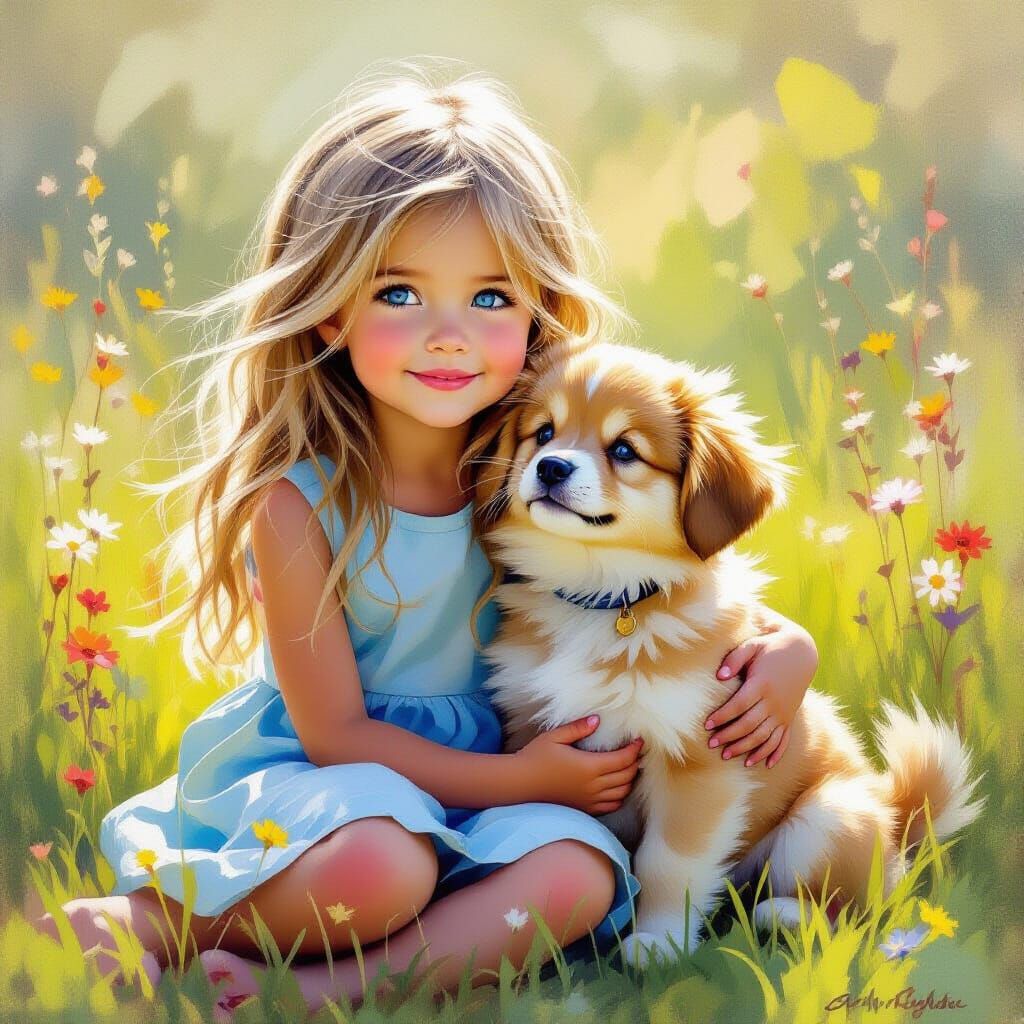 Acrylic Painting of Girl and Puppy in Meadow