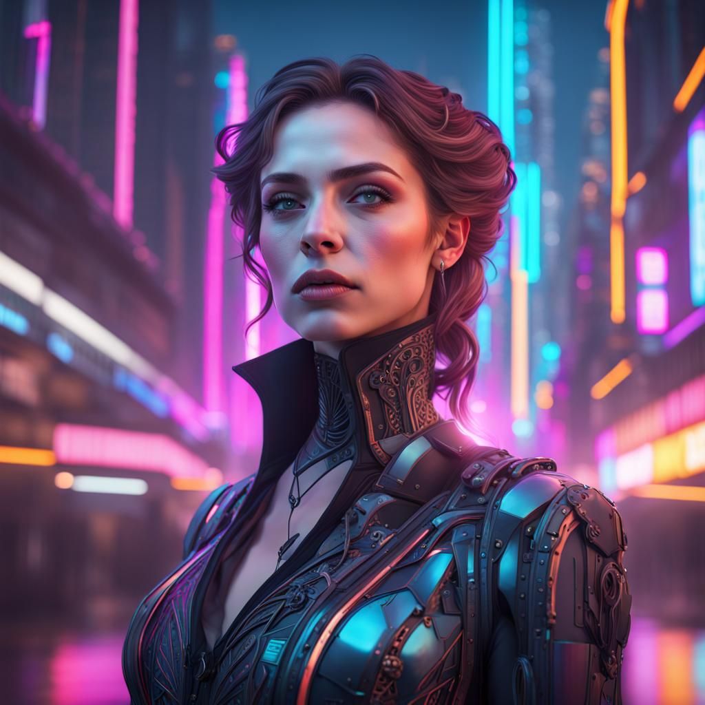 Victorian Woman in Futuristic Neon Cityscape