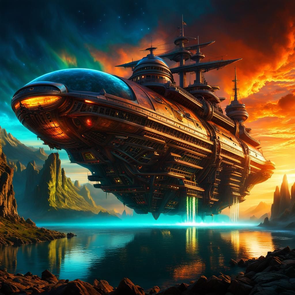 Futuristic Pirate Ship Over Middle-Earth at Sunset