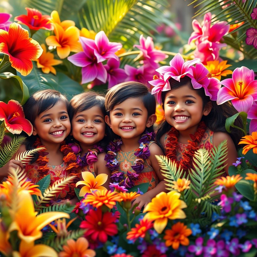 Tropical Paradise Fantasy Scene with Happy Polynesian Childr...