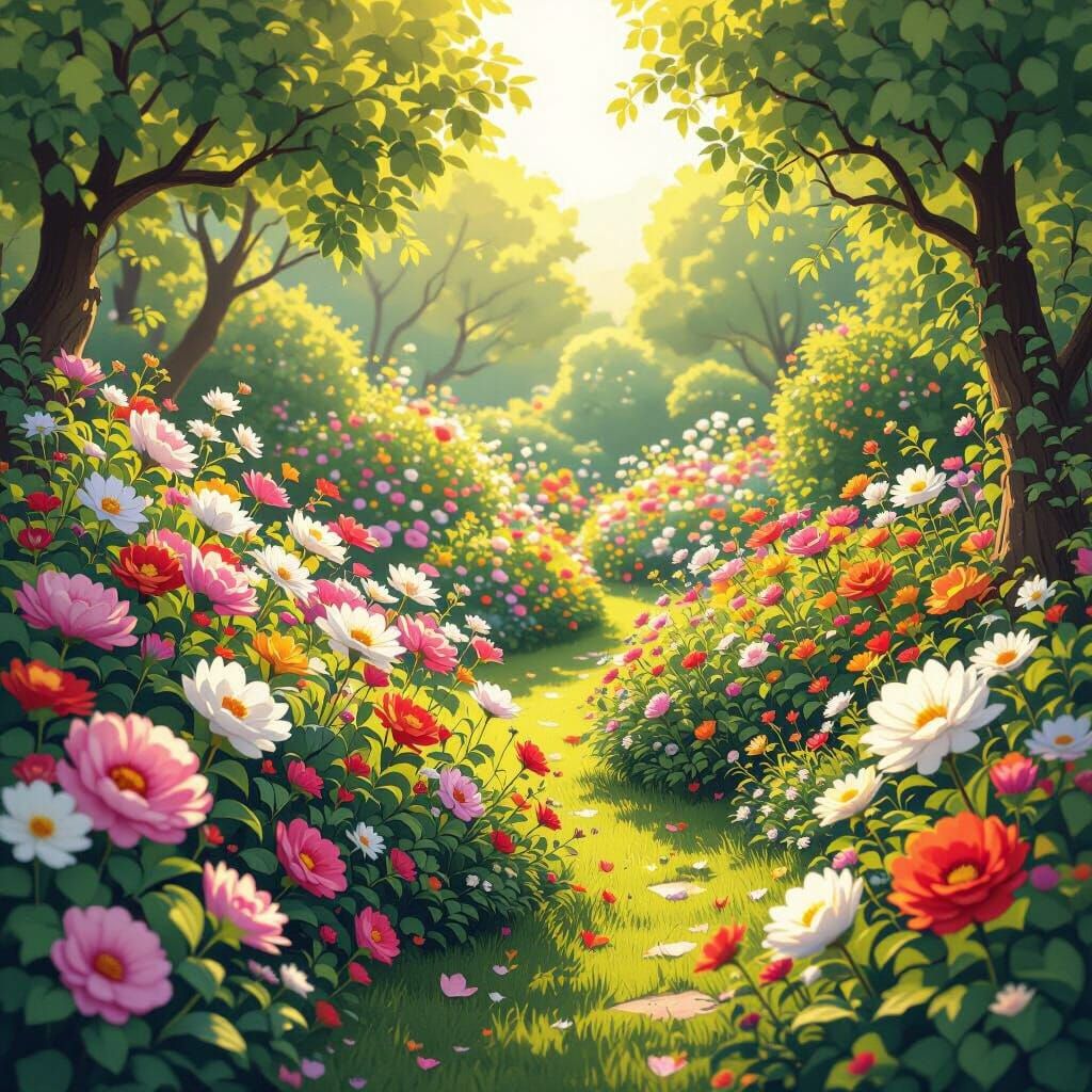 Blooming Garden Scene in Whimsical Fantasy Style