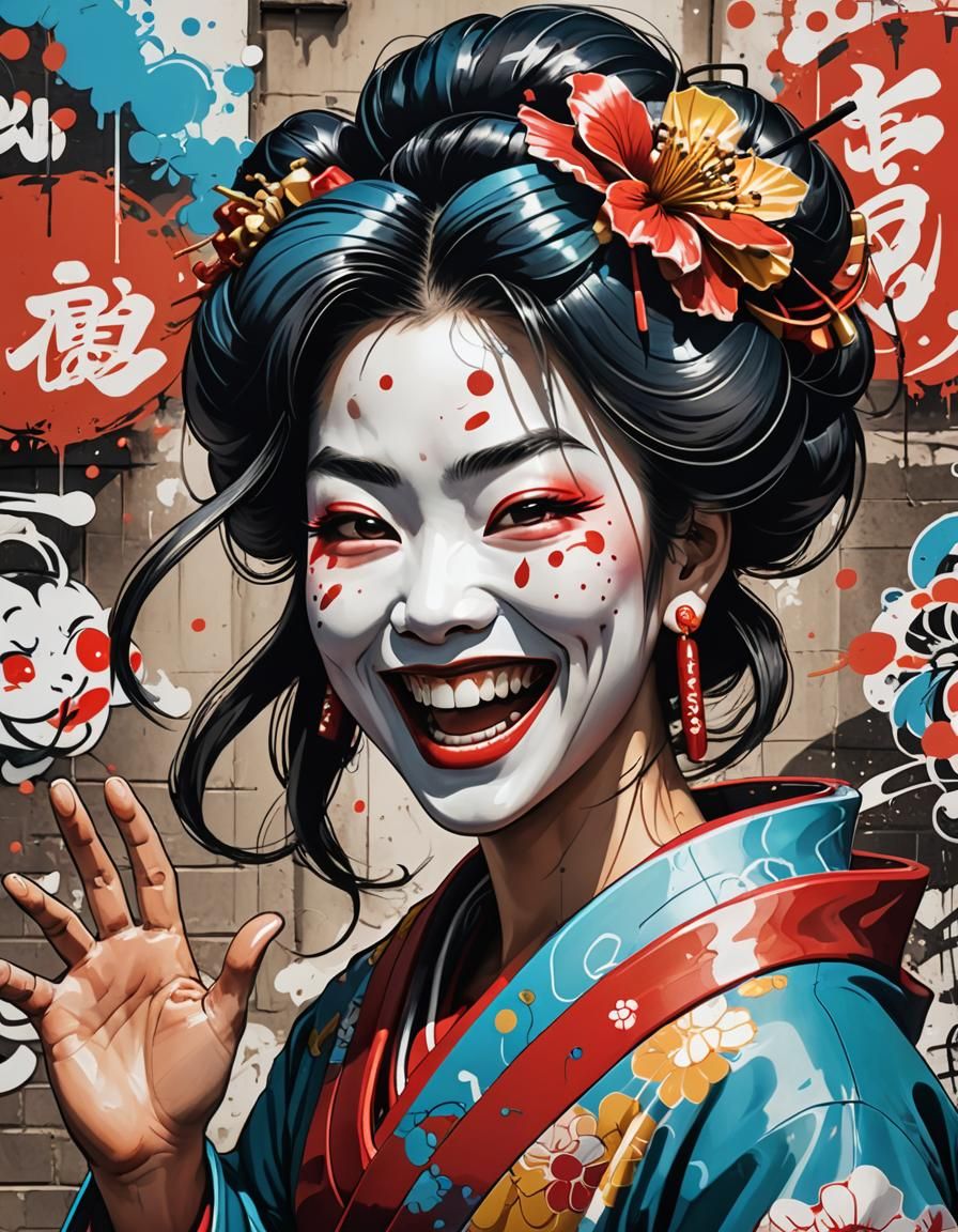 Laughing Geisha Caricature in Street Art Style