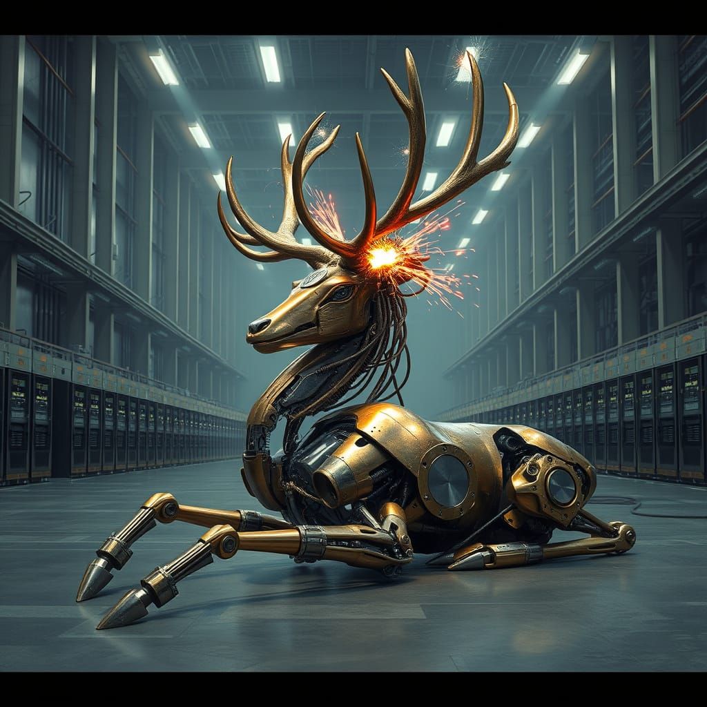 Crippled Mechanical Stag in a Dystopian Factory