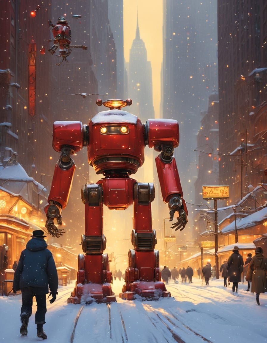 Retro-Futuristic Robot Strides Through Snowy 1960s New York...