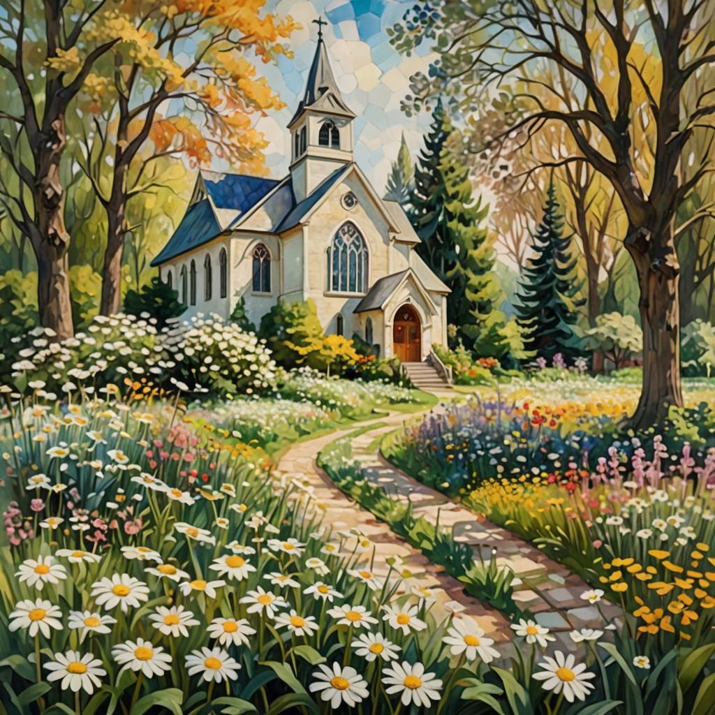 Impressionistic Church with Ox-eye Daisy in Ethereal Light