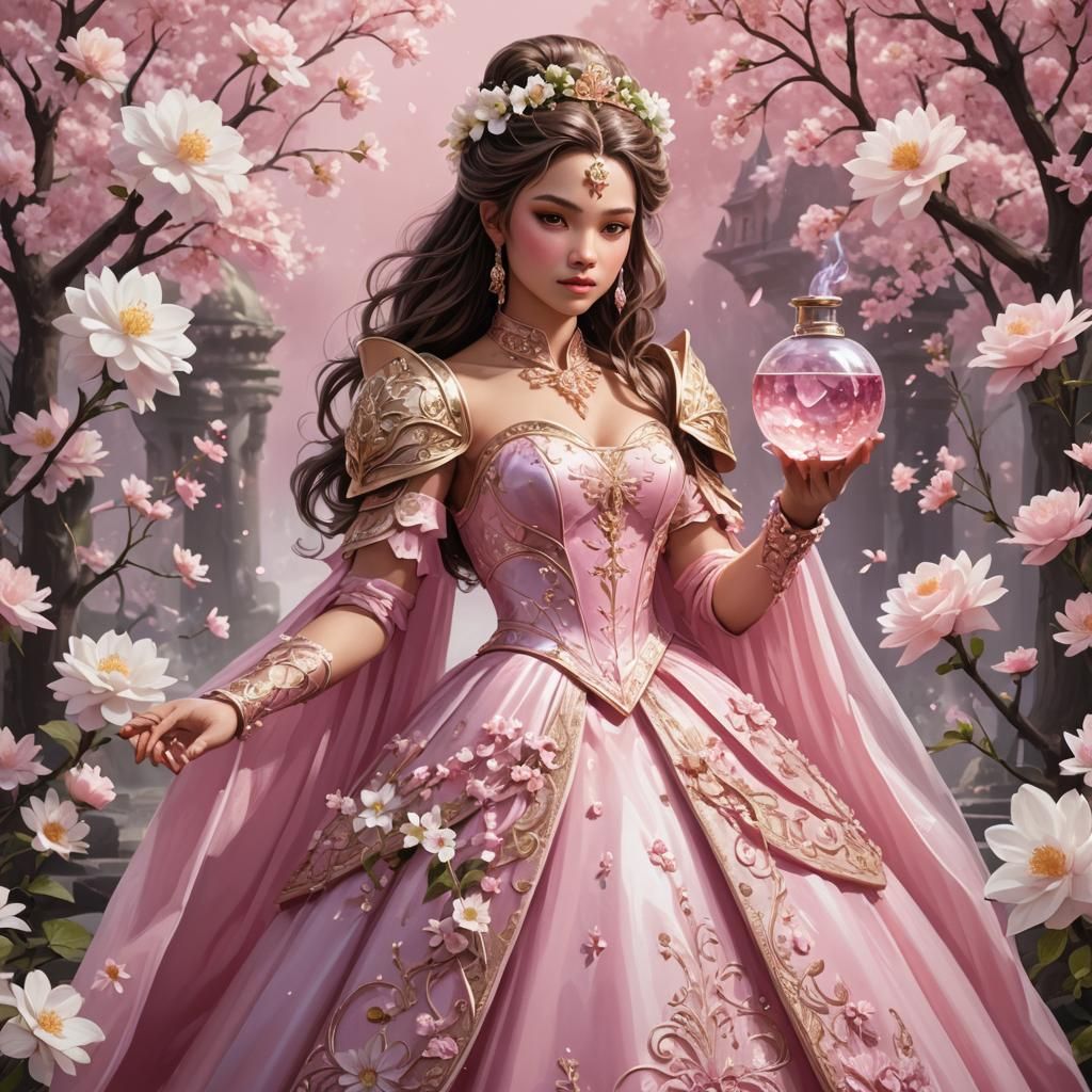 Warrior Princess in Pink Fantasy Gown with Potion