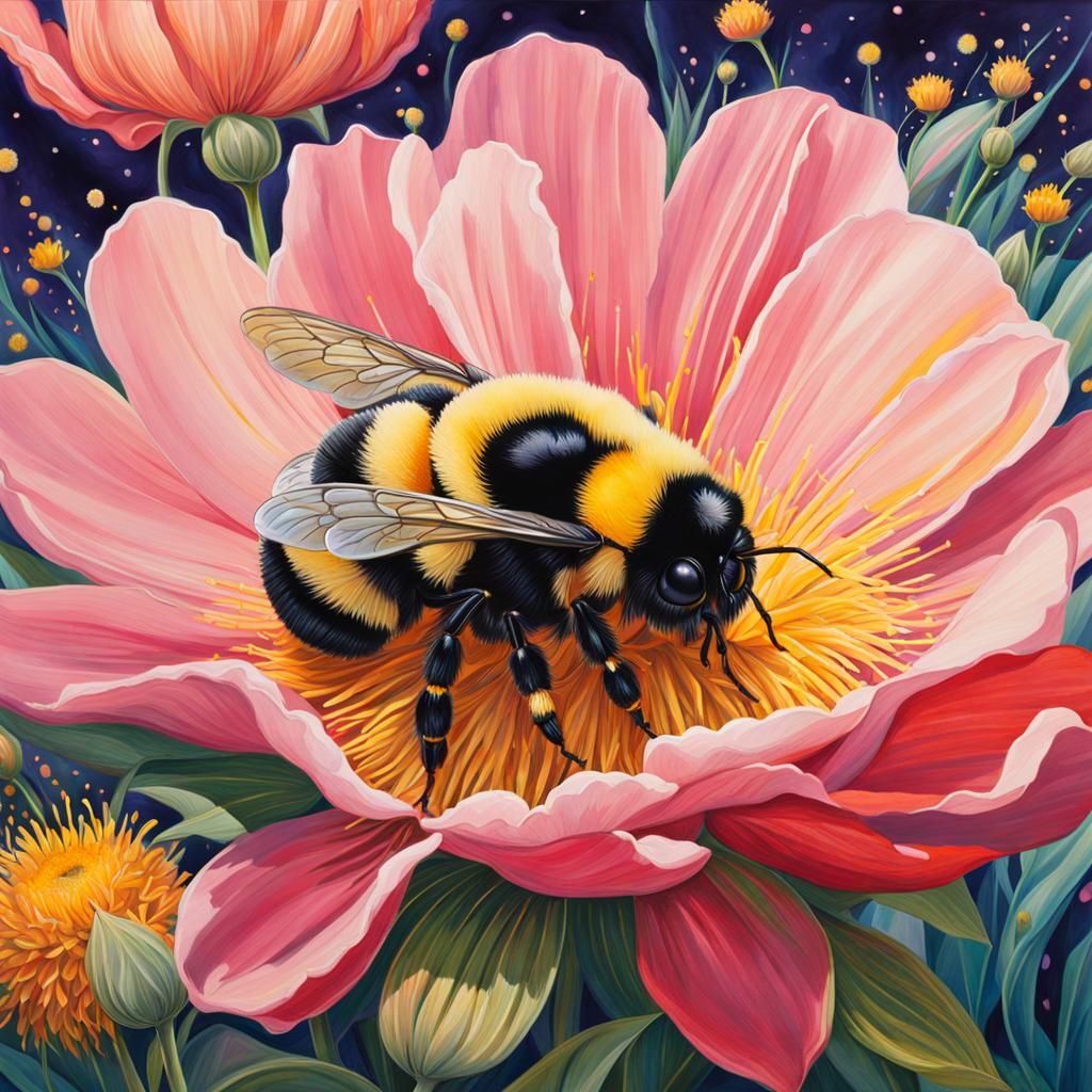 Kawaii Bumblebee Sleeping in Flower, Gouache Watercolor