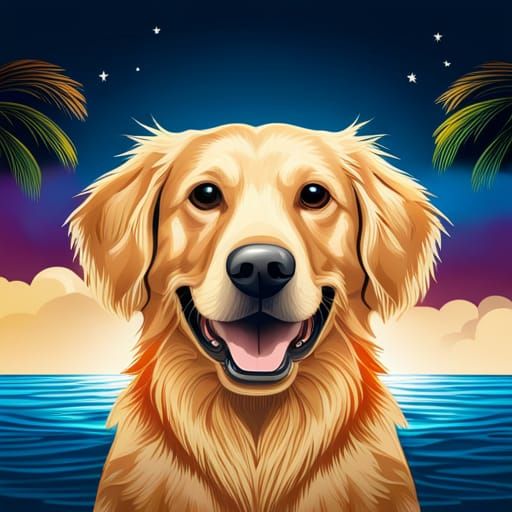 Hyperrealistic Golden Retriever Smiles on a Night Beach