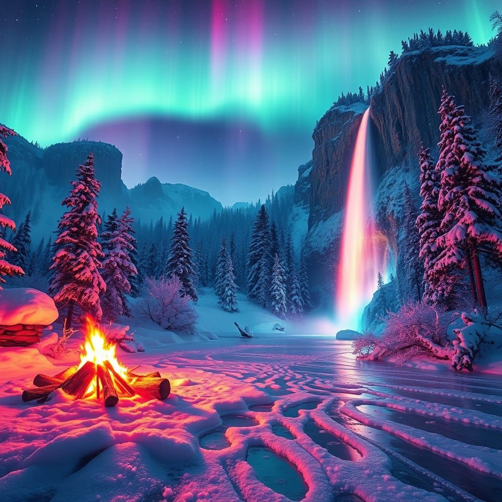 Surreal Winter Wonderland Illuminated by Ethereal Lights