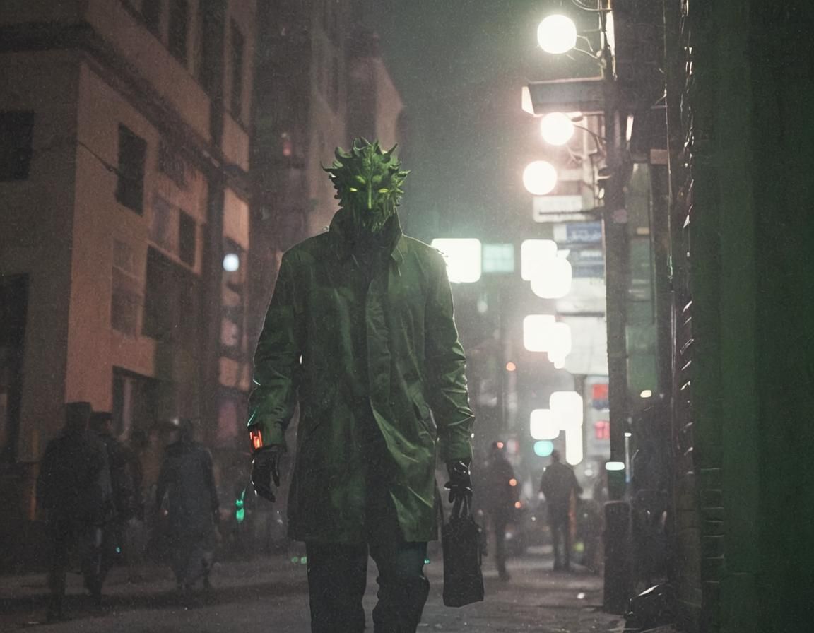 Green Man in City at Night: Surreal Oil Painting