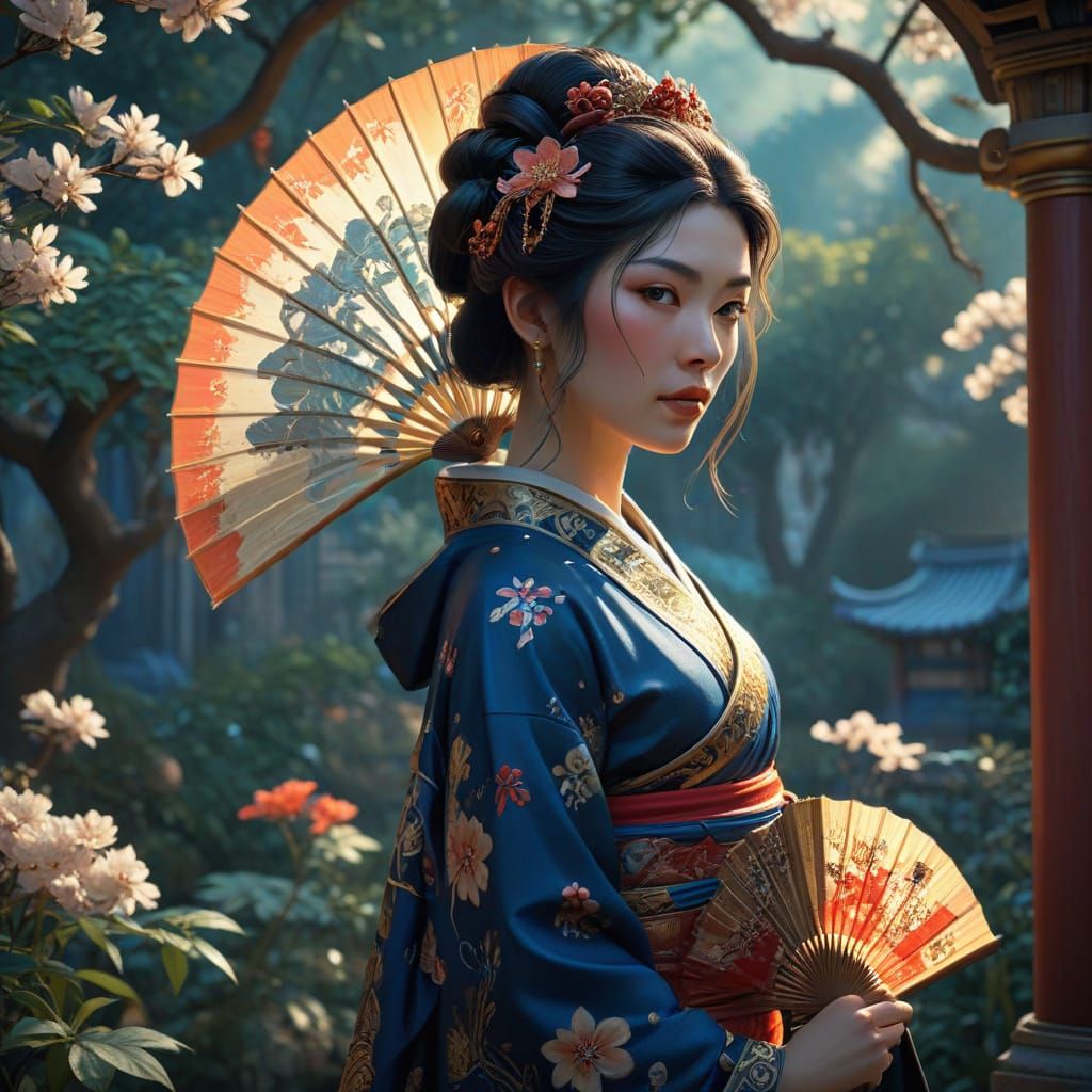 Traditional Japanese Geisha in a Vibrant Fantasy Garden