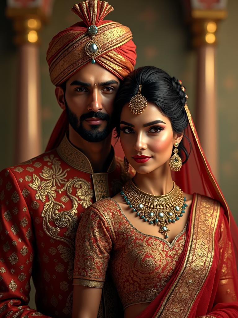 Opulent Portrait of Regal Indian Couple in Art Nouveau Style