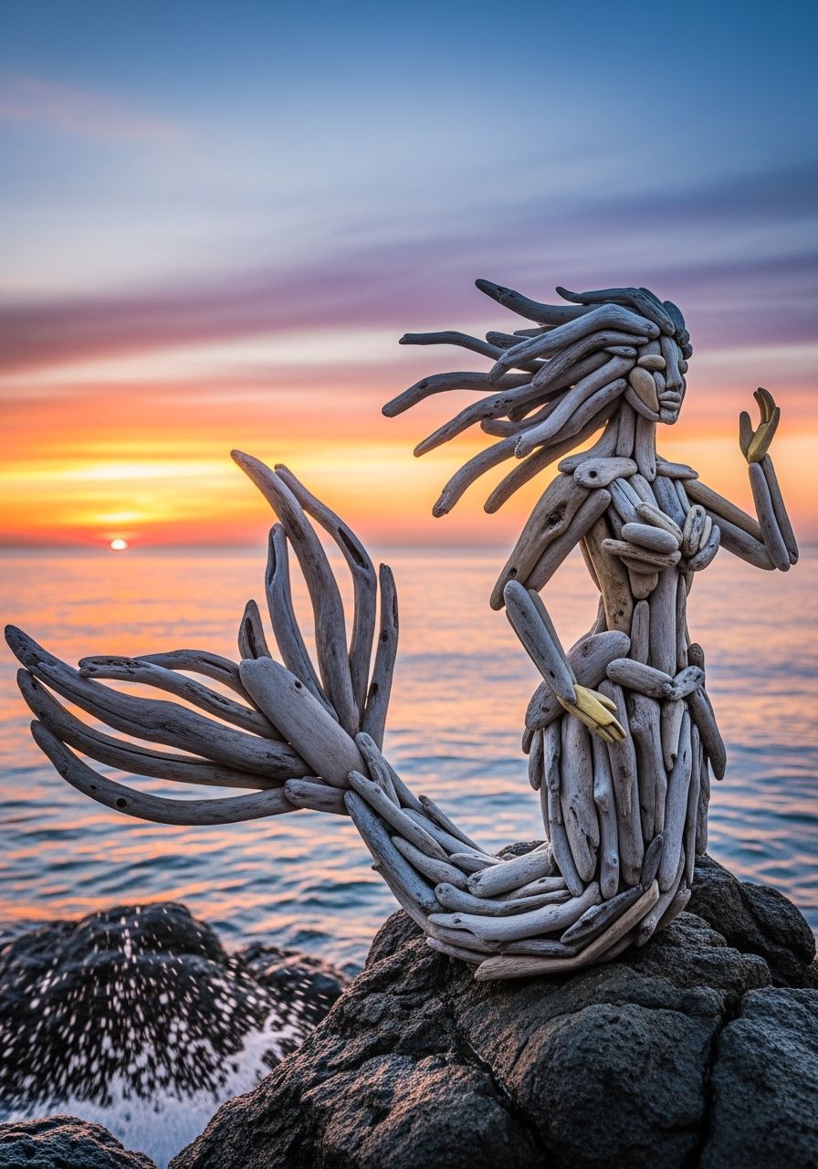 Driftwood Mermaid Sculpture at Sunset
