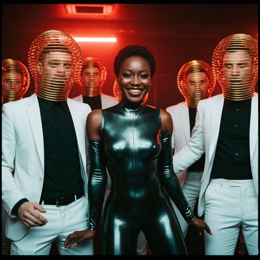Cyberpunk Nightclub Scene: Woman in Metallic Bodysuit
