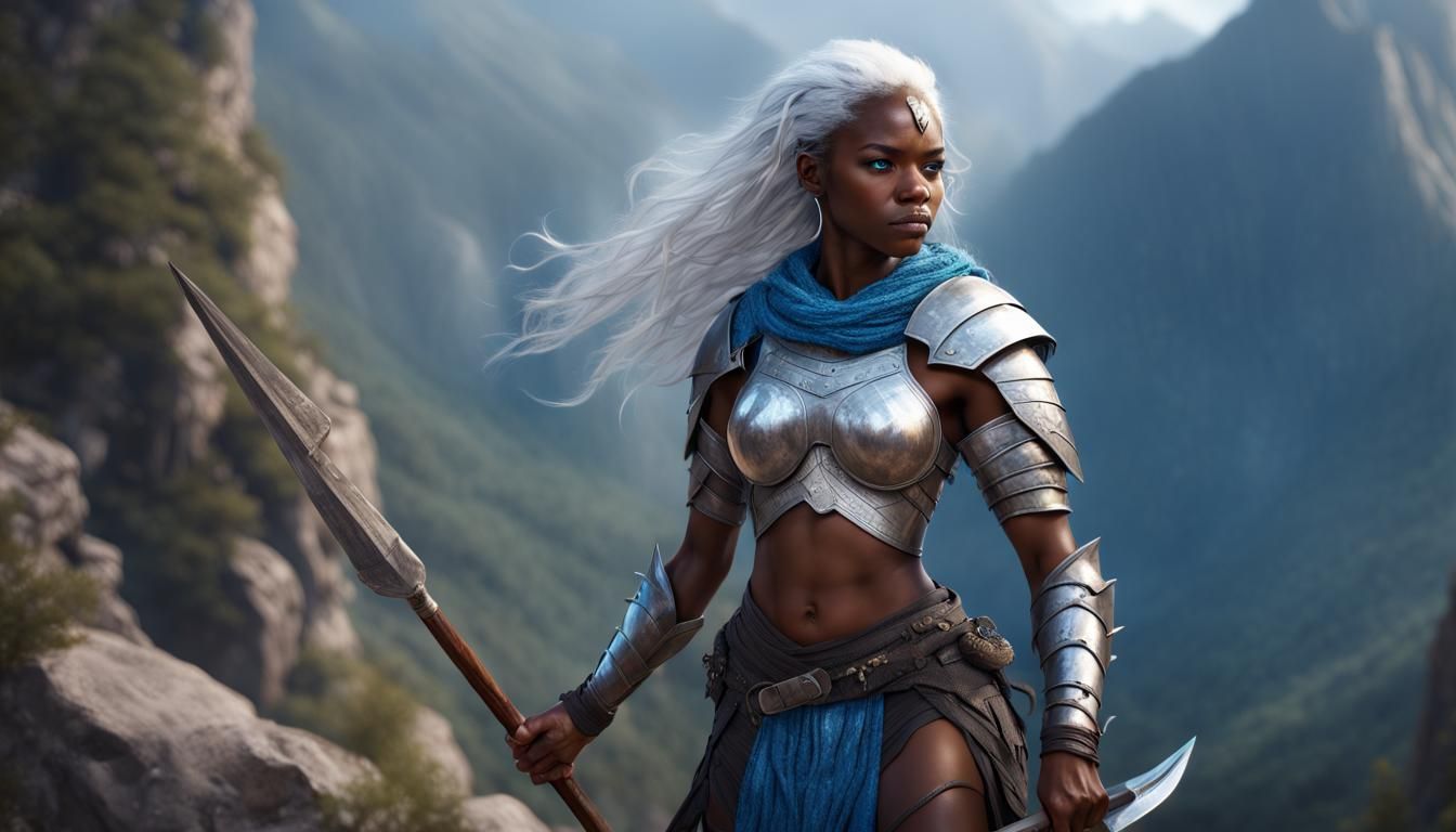 Hyperrealistic Black Woman Warrior on Mountain Path