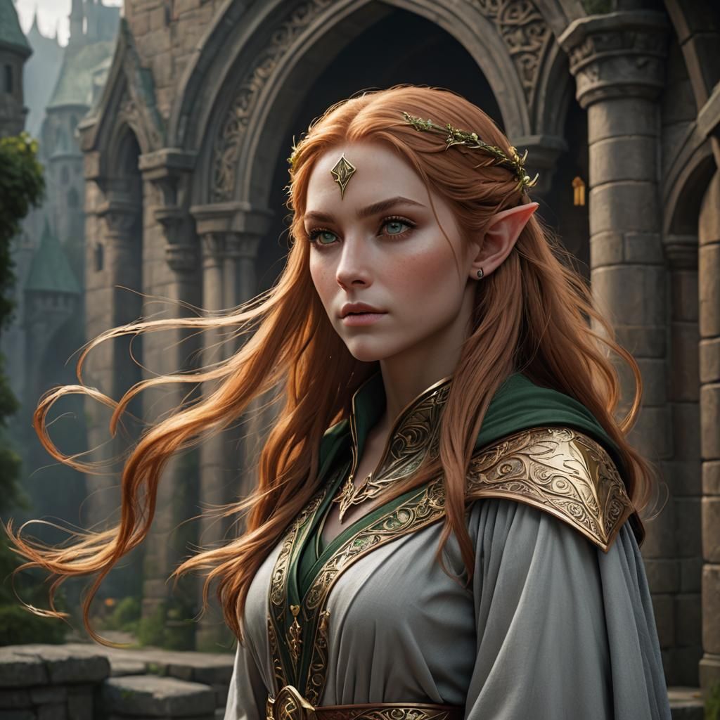 Half-Elf in Grey and Gold Robes, Detailed Matte Painting