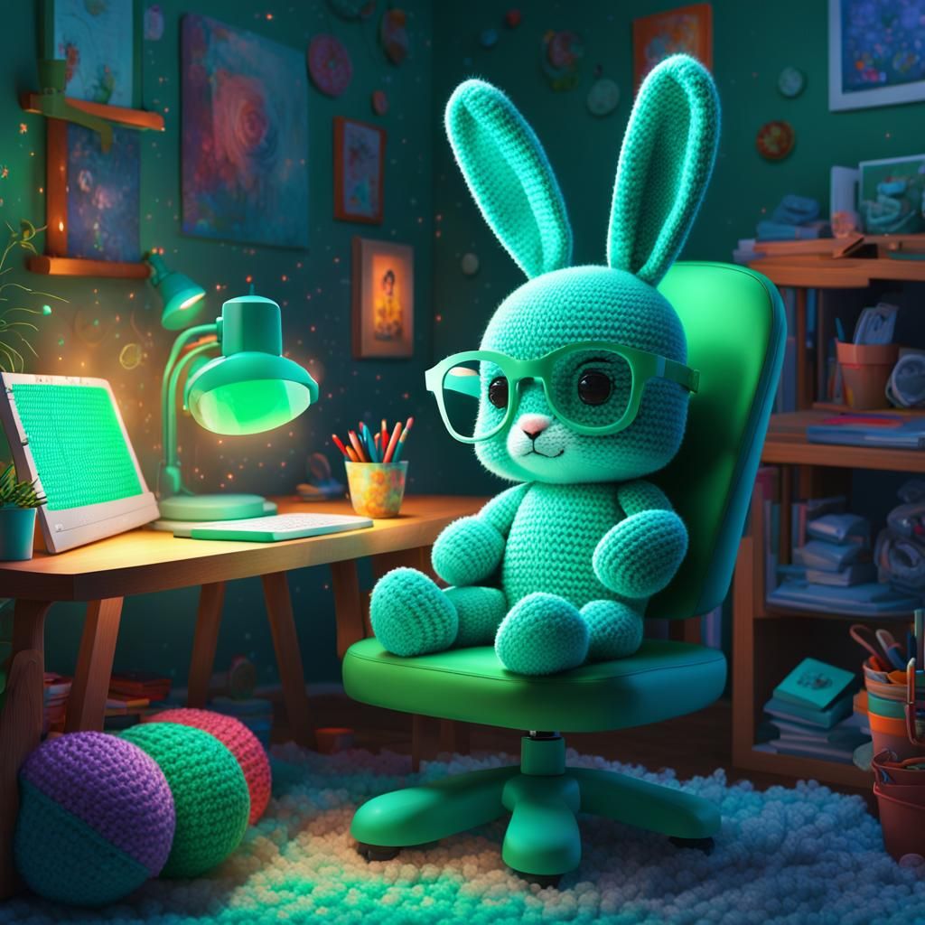 Turquoise Crochet Bunny Codes at Computer in Pixel Art