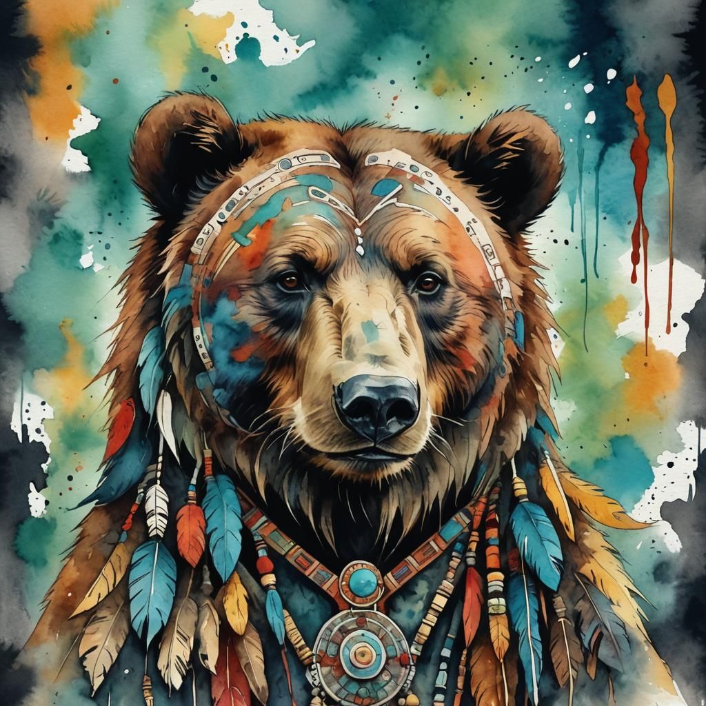 Watercolor Bear Shaman with Abstract Details