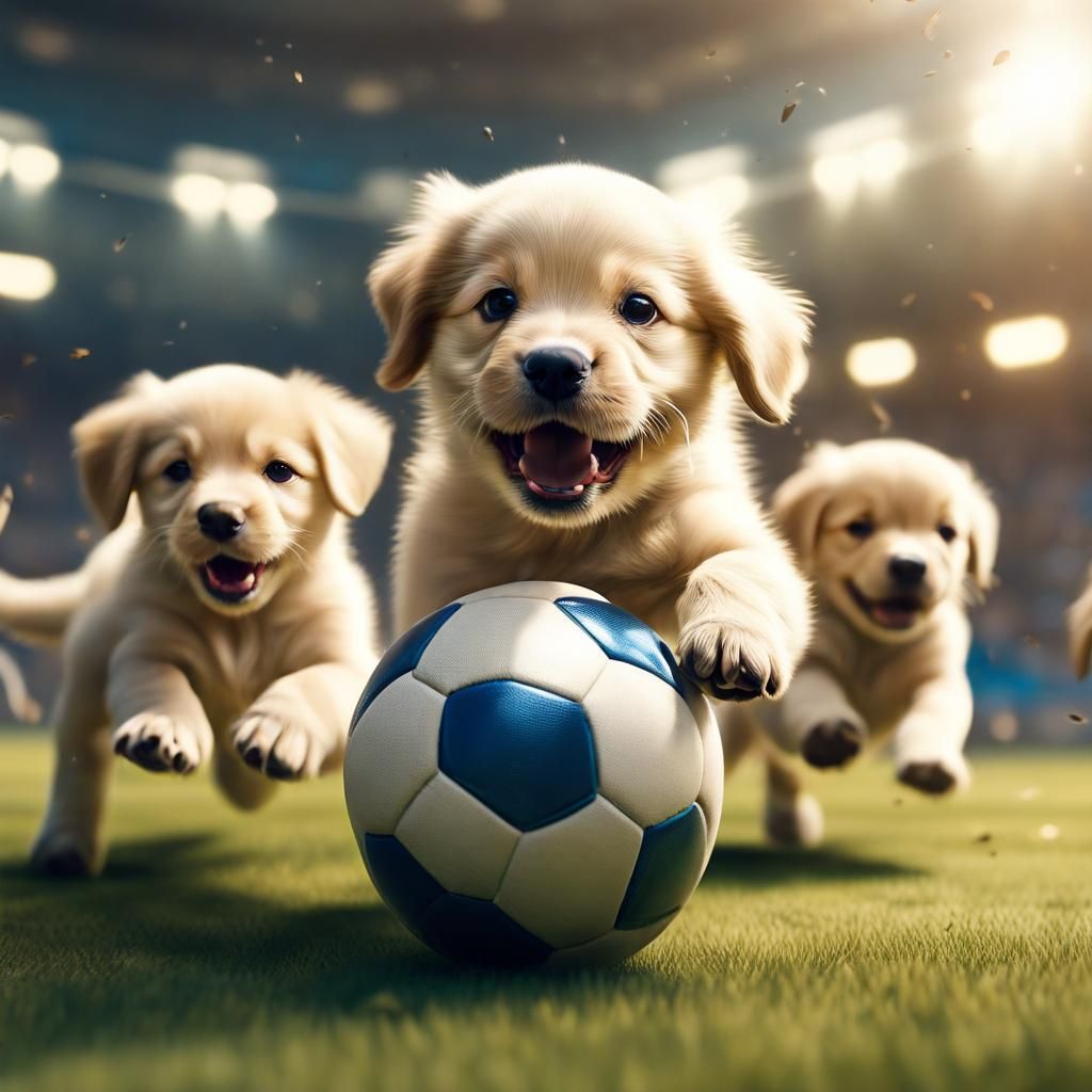 Puppies Playing Soccer in Hyperdetailed Action Painting
