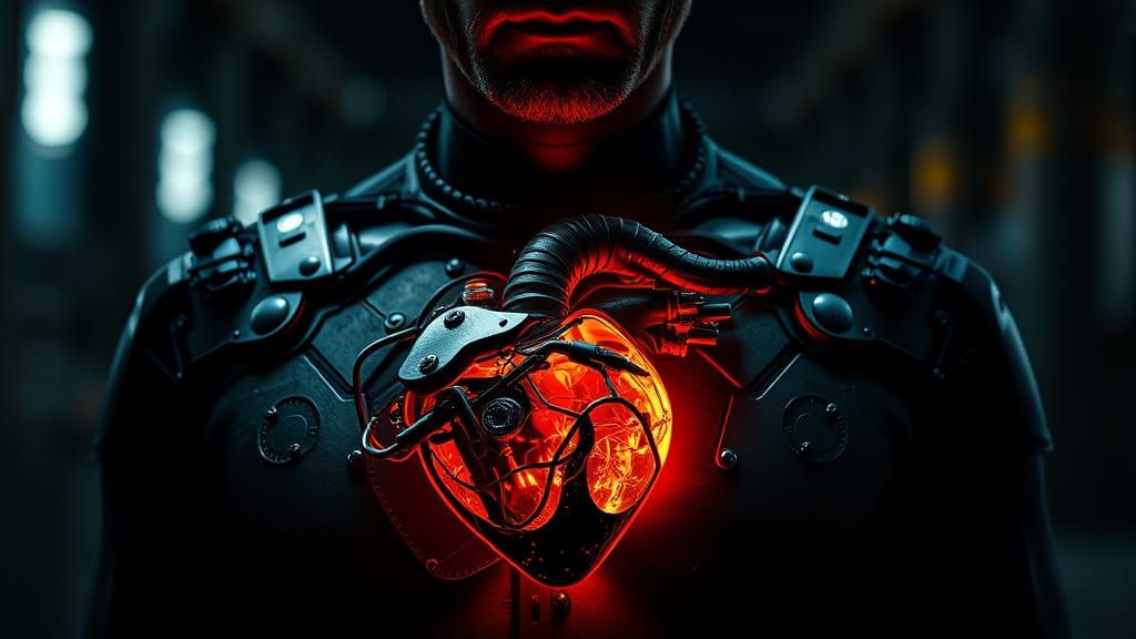 Man with Exposed Mechanical Heart in Biomechanical Style