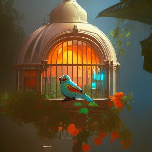 Bird Inside Birdcage in Hyperdetailed Splash Art