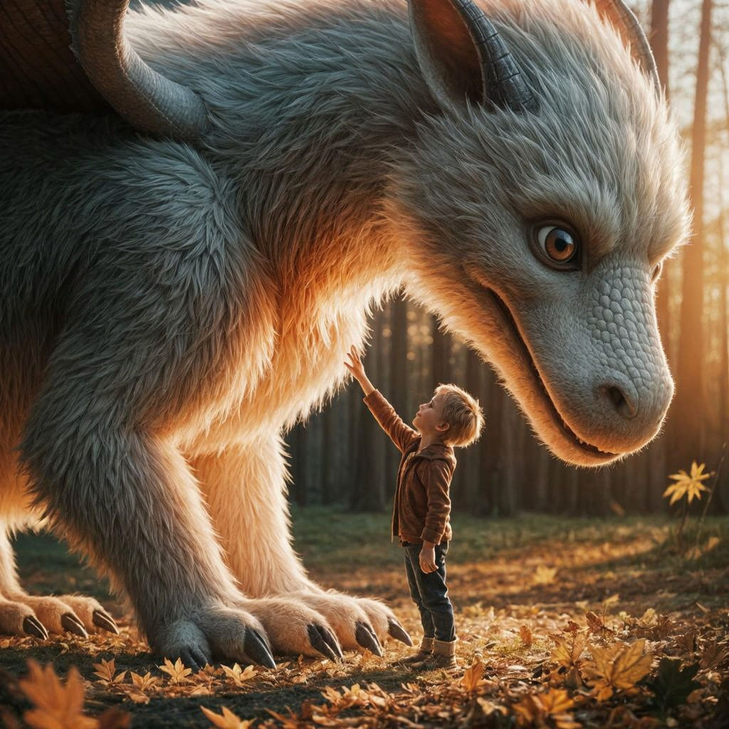 Miniature Human Petting Furry Dragon in Cozy Forest