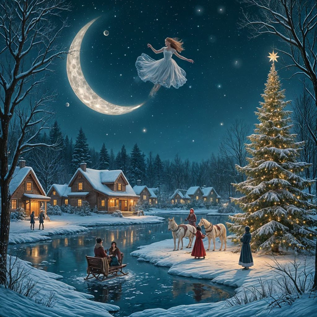 Luminous Young Woman Swings in Crescent Moon, Nordic Village...