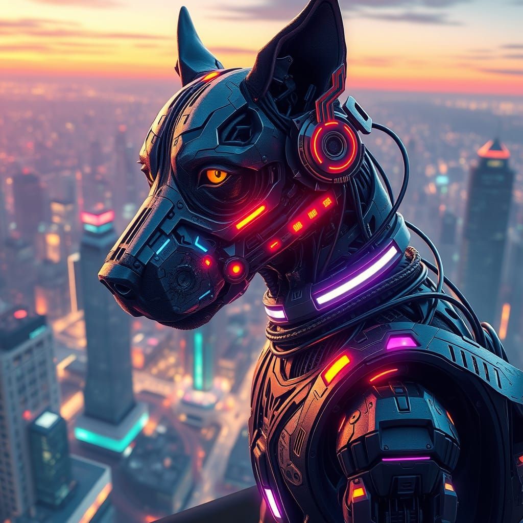Cyberpunk Canine Icon in Neon Cityscape
